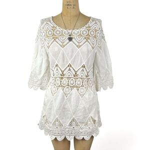 Boho Crochet Cotton Coverup Blouse Cottegecore Indie Coastal Hippie Size S